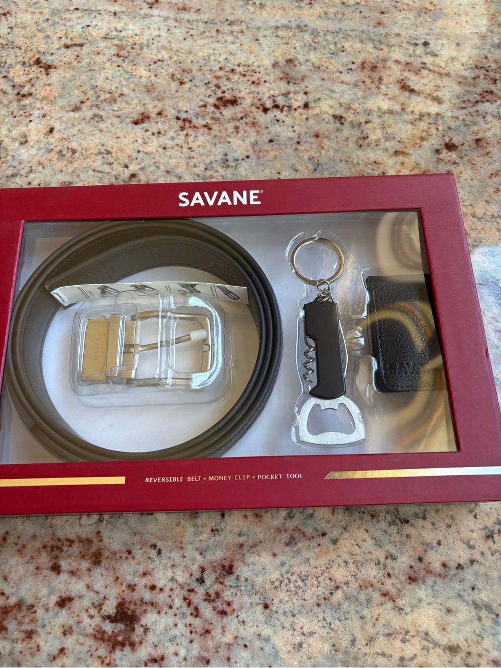 Savane Reversible Black and Brown Belt Gift Set with Keychain Tool money clip